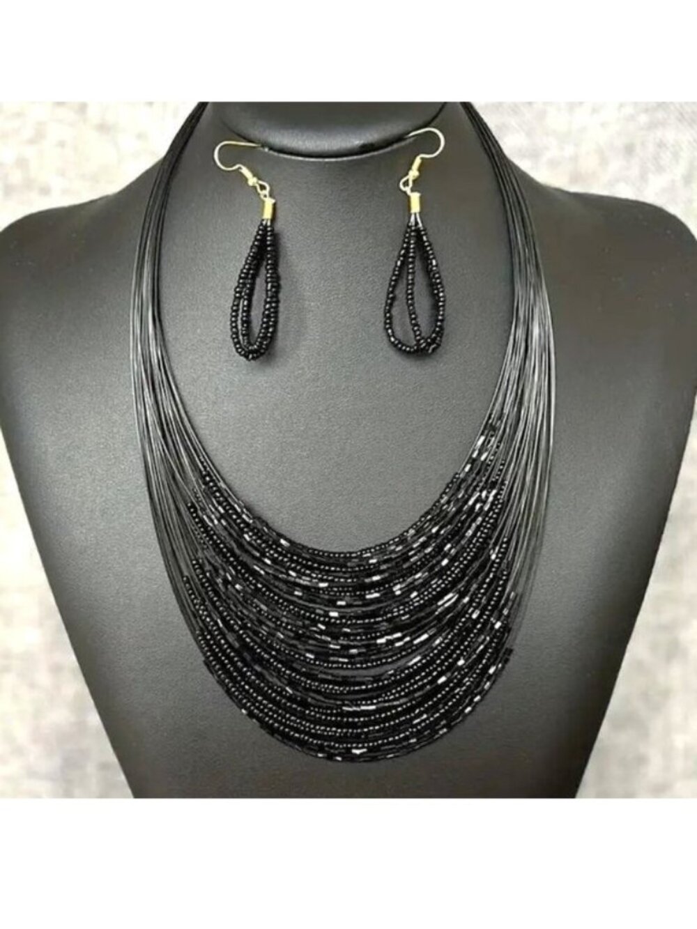 Necklace & Earrings Layered Multi Strand Bead Dangle Elegant Statement Marcasite
